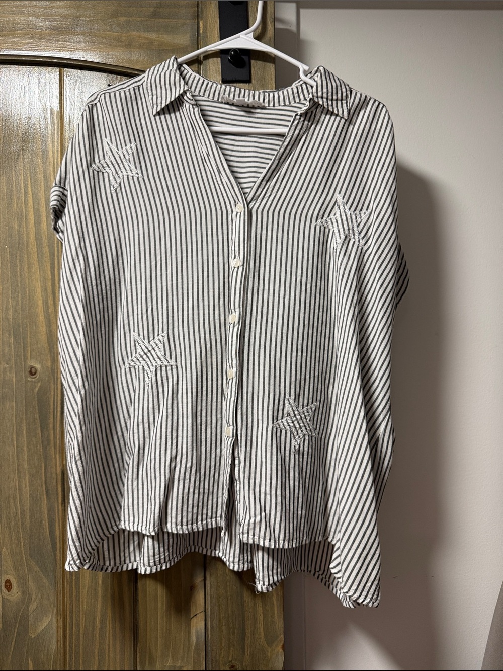 Jane and Delancey White and Black Striped Button-Down with Star Embroidery